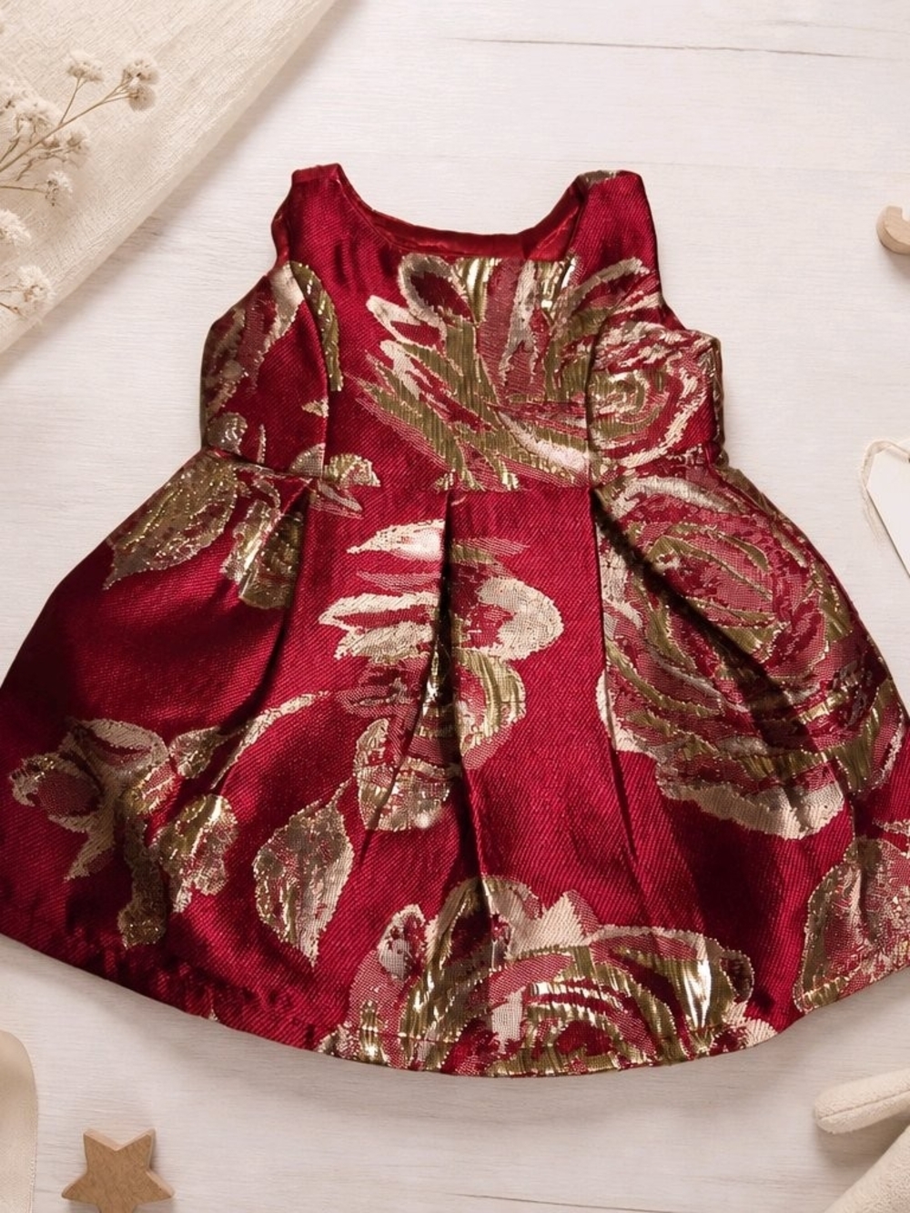 Kids Doll Festive Gold Floral Party Dress - Red